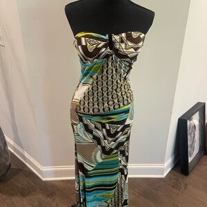 Boutique Strapless Geo-Print Maxi Dress in Teal and Brown